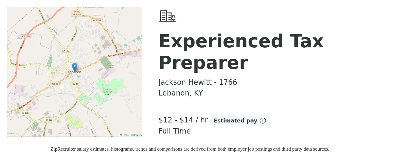 Jackson Hewitt - 1766 job posting for a Experienced Tax Preparer in Lebanon, KY with a salary of $13 to $15 Hourly with a map of Lebanon location.