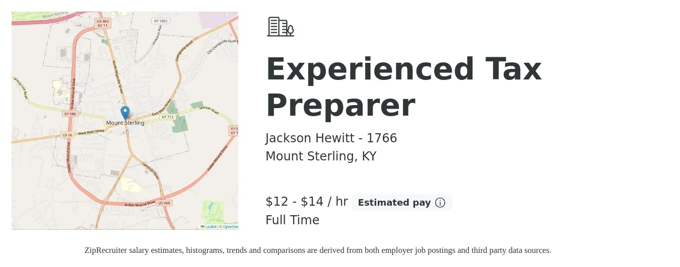 Jackson Hewitt - 1766 job posting for a Experienced Tax Preparer in Mount Sterling, KY with a salary of $13 to $15 Hourly with a map of Mount Sterling location.