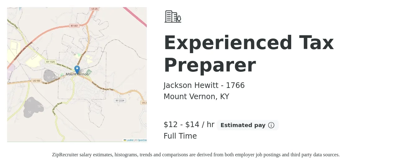 Jackson Hewitt - 1766 job posting for a Experienced Tax Preparer in Mount Vernon, KY with a salary of $13 to $15 Hourly with a map of Mount Vernon location.