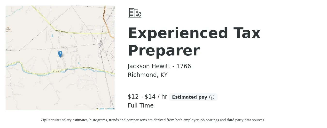 Jackson Hewitt - 1766 job posting for a Experienced Tax Preparer in Richmond, KY with a salary of $13 to $15 Hourly with a map of Richmond location.