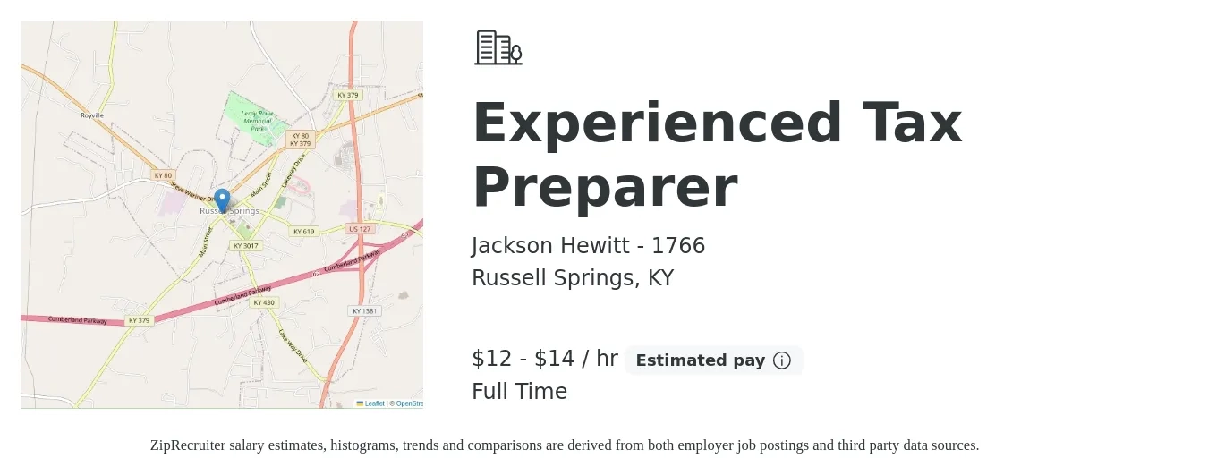 Jackson Hewitt - 1766 job posting for a Experienced Tax Preparer in Russell Springs, KY with a salary of $13 to $15 Hourly with a map of Russell Springs location.