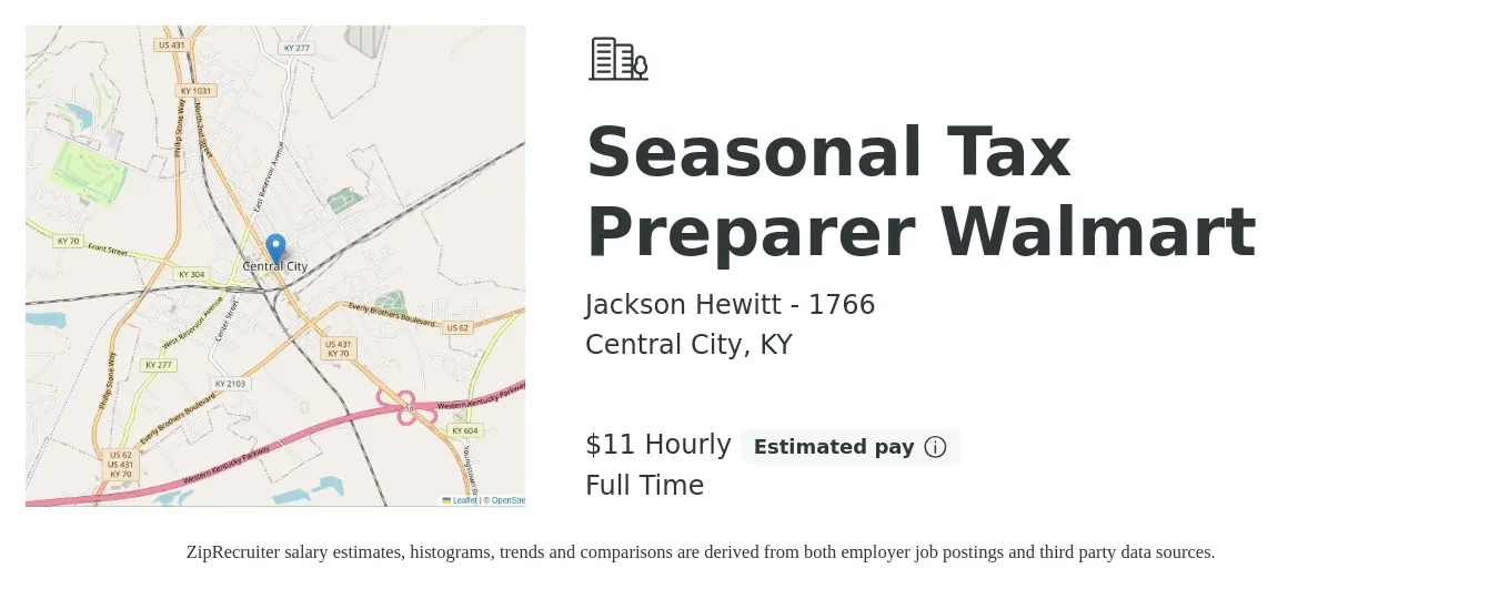 Jackson Hewitt - 1766 job posting for a Seasonal Tax Preparer Walmart in Central City, KY with a salary of $12 Hourly with a map of Central City location.