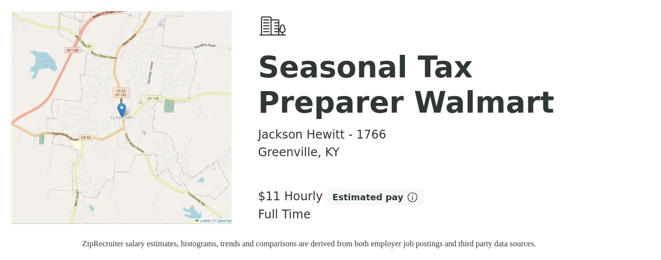 Jackson Hewitt - 1766 job posting for a Seasonal Tax Preparer Walmart in Greenville, KY with a salary of $12 Hourly with a map of Greenville location.