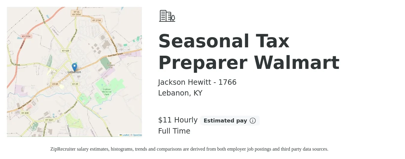 Jackson Hewitt - 1766 job posting for a Seasonal Tax Preparer Walmart in Lebanon, KY with a salary of $12 Hourly with a map of Lebanon location.