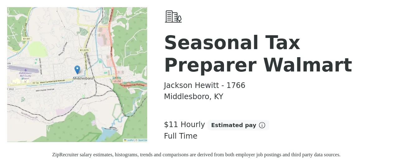 Jackson Hewitt - 1766 job posting for a Seasonal Tax Preparer Walmart in Middlesboro, KY with a salary of $12 Hourly with a map of Middlesboro location.