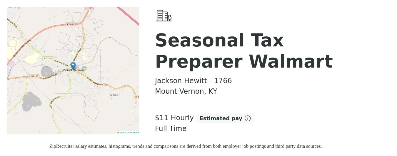 Jackson Hewitt - 1766 job posting for a Seasonal Tax Preparer Walmart in Mount Vernon, KY with a salary of $12 Hourly with a map of Mount Vernon location.