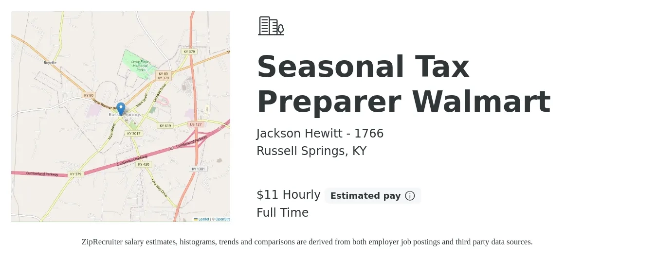 Jackson Hewitt - 1766 job posting for a Seasonal Tax Preparer Walmart in Russell Springs, KY with a salary of $12 Hourly with a map of Russell Springs location.