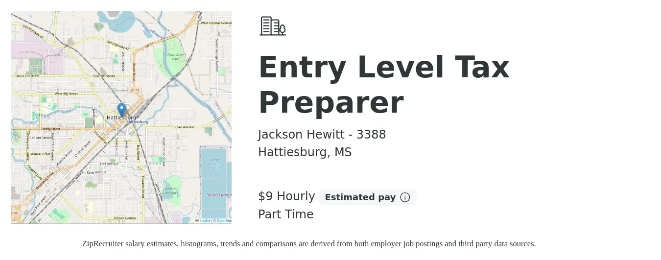 Jackson Hewitt - 3388 job posting for a Entry Level Tax Preparer in Hattiesburg, MS with a salary of $10 Hourly with a map of Hattiesburg location.