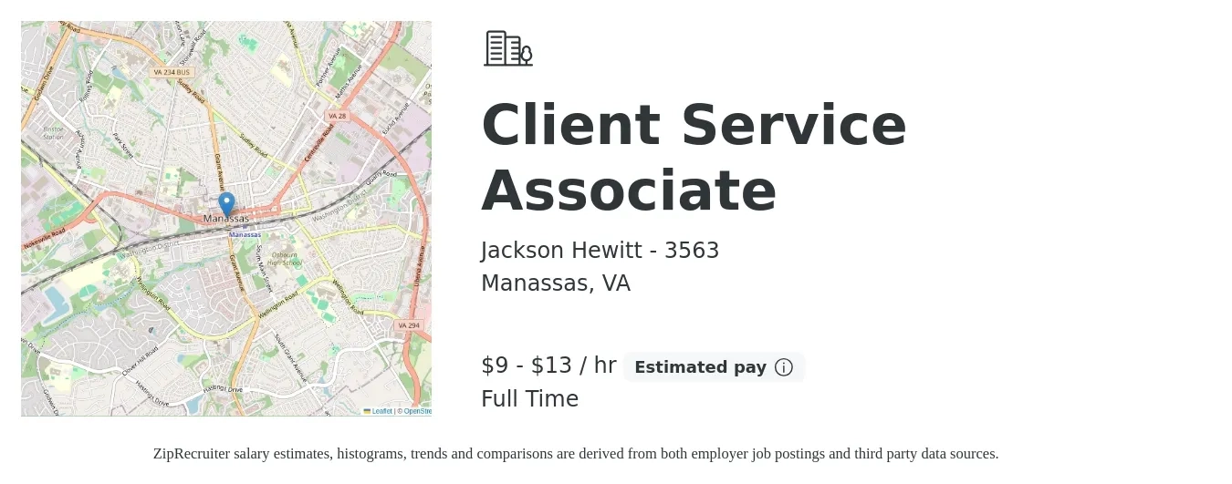 Jackson Hewitt - 3563 job posting for a Client Service Associate in Manassas, VA with a salary of $10 to $14 Hourly with a map of Manassas location.