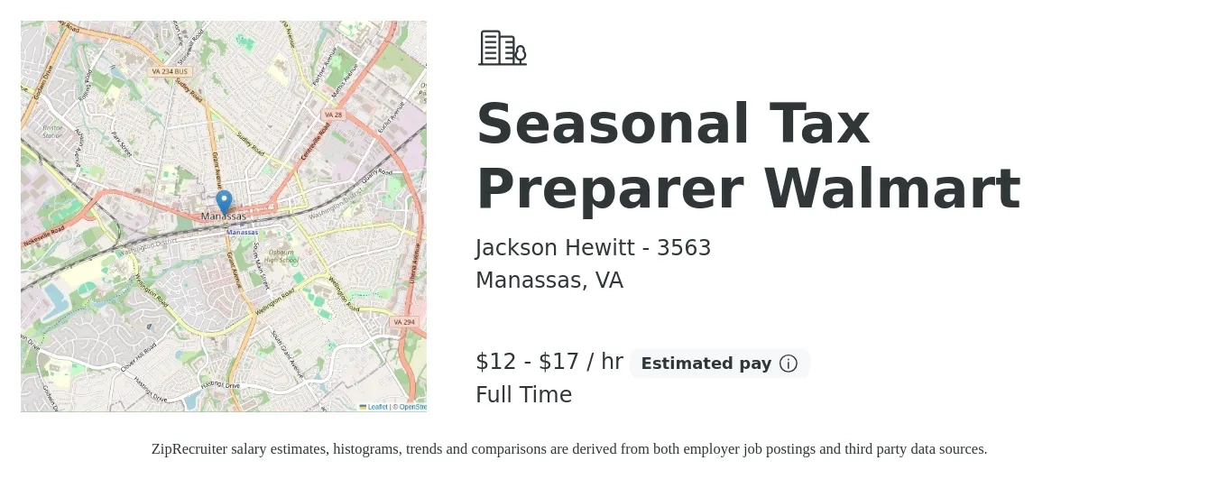 Jackson Hewitt - 3563 job posting for a Seasonal Tax Preparer Walmart in Manassas, VA with a salary of $13 to $18 Hourly with a map of Manassas location.