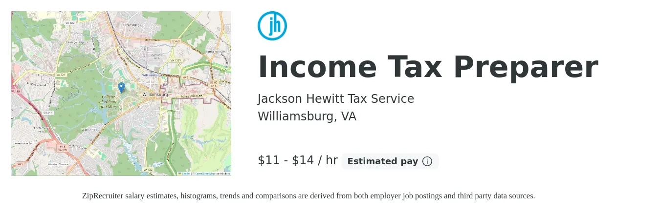 Jackson Hewitt Tax Service job posting for a Income Tax Preparer in Williamsburg, VA with a salary of $12 to $15 Hourly (plus commission) with a map of Williamsburg location.
