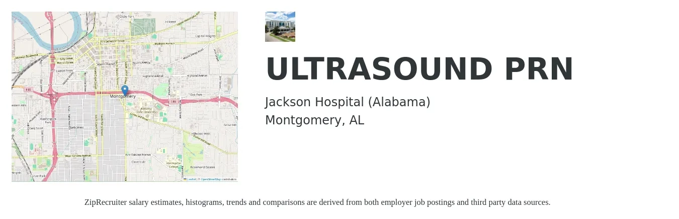 Jackson Hospital (Alabama) job posting for a ULTRASOUND PRN in Montgomery, AL with a salary of $1,050 to $2,100 Weekly with a map of Montgomery location.