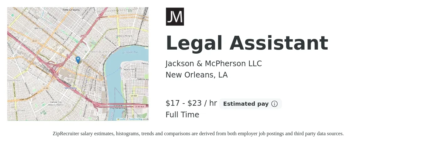 Jackson & McPherson LLC job posting for a Legal Assistant in New Orleans, LA with a salary of $18 to $24 Hourly with a map of New Orleans location.