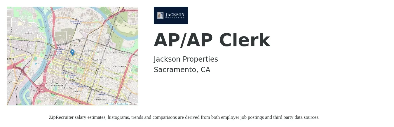 Jackson Properties job posting for a AP/AP Clerk in Sacramento, CA with a salary of $20 to $26 Hourly with a map of Sacramento location.