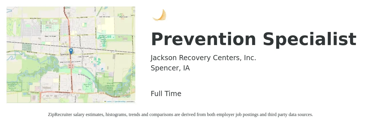 Jackson Recovery Centers, Inc. job posting for a Prevention Specialist in Spencer, IA with a salary of $36,800 to $75,100 Yearly with a map of Spencer location.
