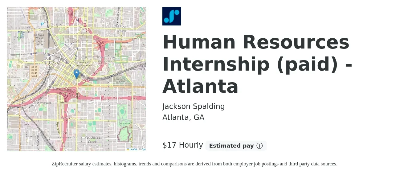 Jackson Spalding job posting for a Human Resources Internship (paid) - Atlanta in Atlanta, GA with a salary of $18 to $18 Hourly with a map of Atlanta location.
