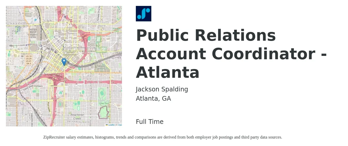 Jackson Spalding job posting for a Public Relations Account Coordinator - Atlanta in Atlanta, GA with a salary of $38,500 to $56,800 Yearly with a map of Atlanta location.