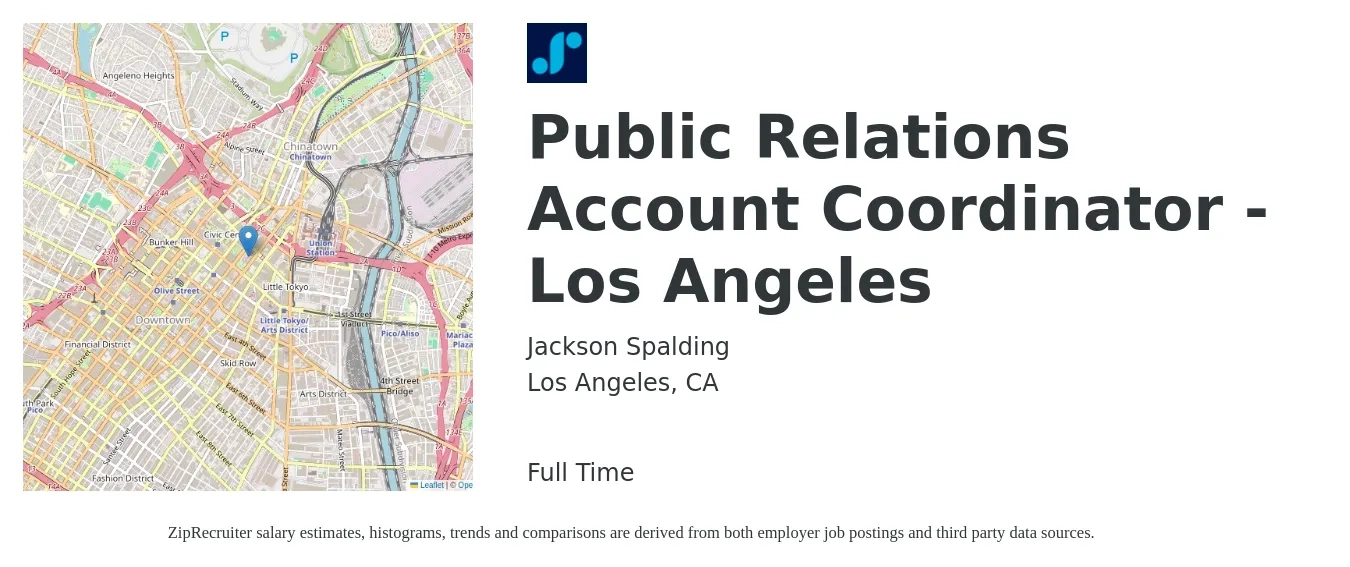 Jackson Spalding job posting for a Public Relations Account Coordinator - Los Angeles in Los Angeles, CA with a salary of $41,600 to $48,500 Yearly with a map of Los Angeles location.