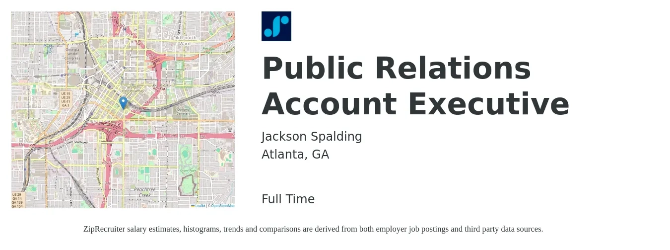 Jackson Spalding job posting for a Public Relations Account Executive in Atlanta, GA with a salary of $56,300 to $78,900 Yearly with a map of Atlanta location.