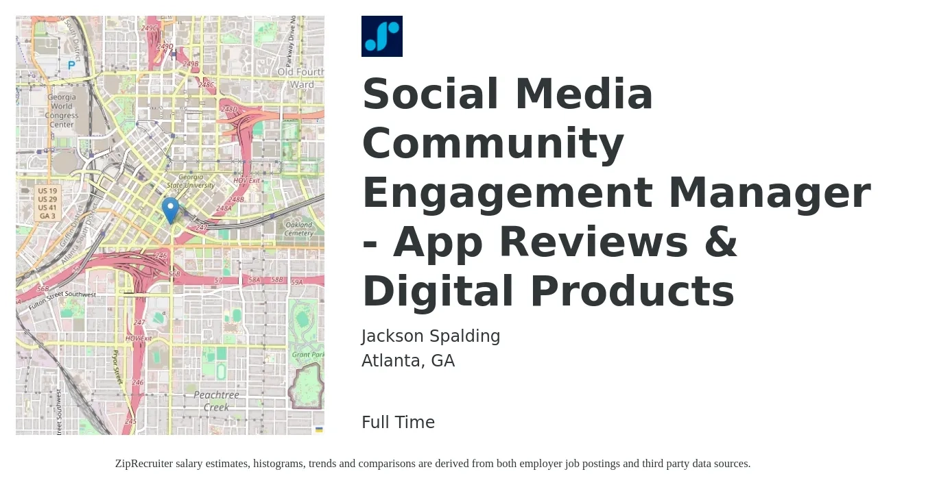 Jackson Spalding job posting for a Social Media Community Engagement Manager - App Reviews & Digital Products in Atlanta, GA with a salary of $109,800 Yearly with a map of Atlanta location.