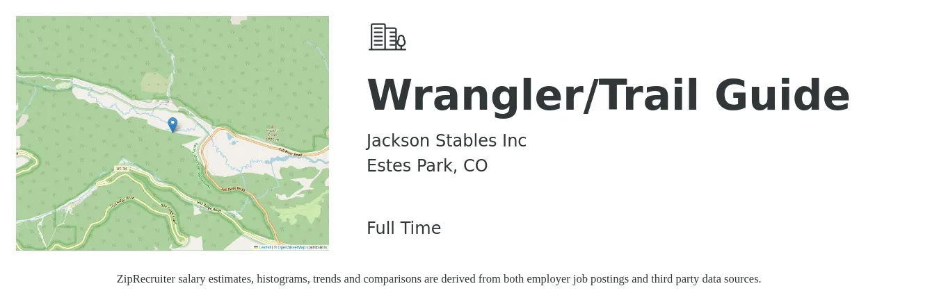 Jackson Stables Inc job posting for a Wrangler/Trail Guide in Estes Park, CO with a salary of $16 to $23 Hourly with a map of Estes Park location.