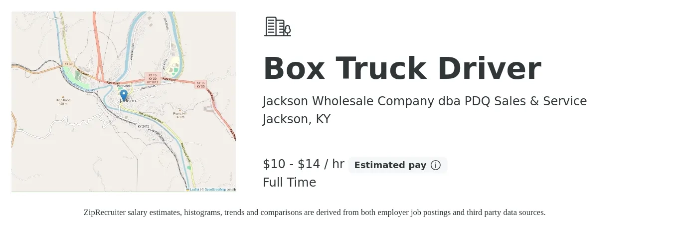 Jackson Wholesale Company dba PDQ Sales & Service job posting for a Box Truck Driver in Jackson, KY with a salary of $11 to $15 Hourly with a map of Jackson location.
