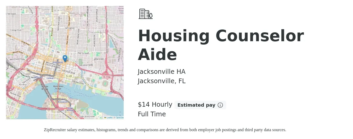 Jacksonville HA job posting for a Housing Counselor Aide in Jacksonville, FL with a salary of $15 Hourly with a map of Jacksonville location.