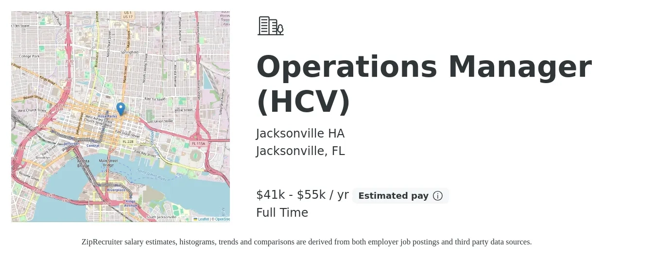 Jacksonville HA job posting for a Operations Manager (HCV) in Jacksonville, FL with a salary of $41,217 to $55,404 Yearly with a map of Jacksonville location.