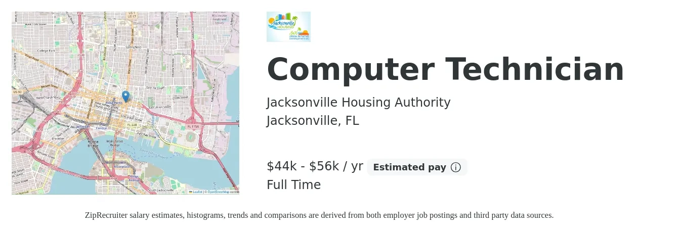 Jacksonville Housing Authority job posting for a Computer Technician in Jacksonville, FL with a salary of $44,950 to $56,680 Yearly with a map of Jacksonville location.
