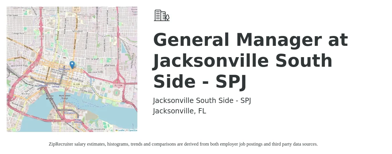 Jacksonville South Side - SPJ job posting for a General Manager at Jacksonville South Side - SPJ in Jacksonville, FL with a salary of $45,900 to $68,600 Yearly with a map of Jacksonville location.