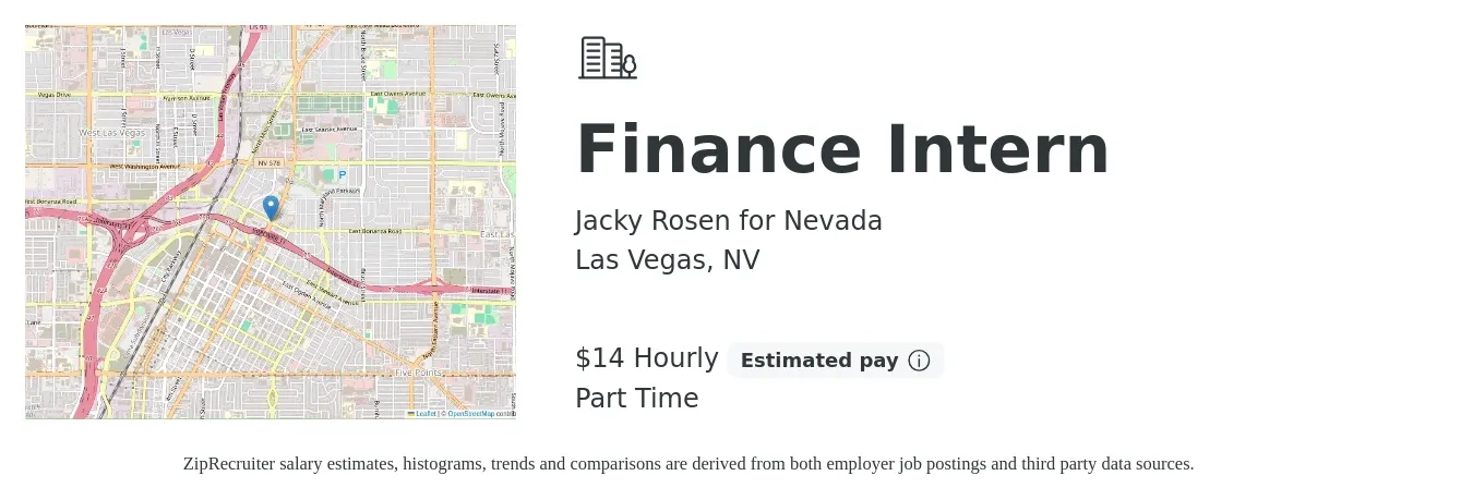 Jacky Rosen for Nevada job posting for a Finance Intern in Las Vegas, NV with a salary of $15 Hourly with a map of Las Vegas location.