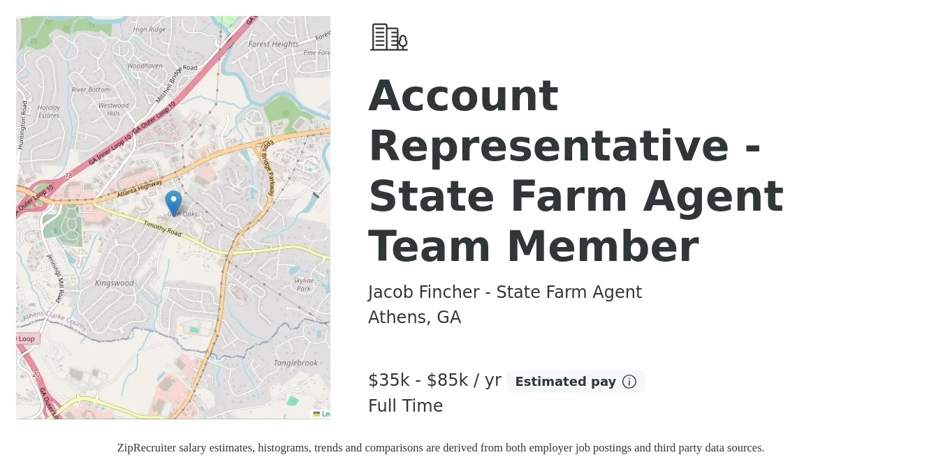 Jacob Fincher - State Farm Agent job posting for a Account Representative - State Farm Agent Team Member in Athens, GA with a salary of $35,000 to $85,000 Yearly with a map of Athens location.