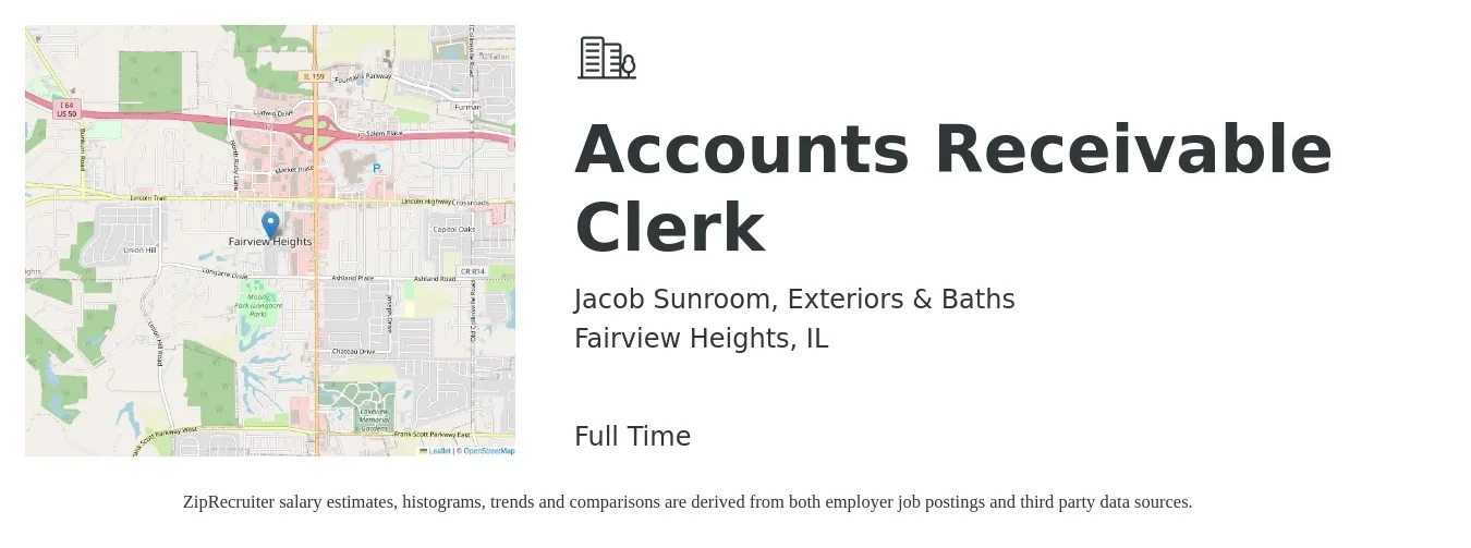 Jacob Sunroom, Exteriors & Baths job posting for a Accounts Receivable Clerk in Fairview Heights, IL with a salary of $18 to $21 Hourly with a map of Fairview Heights location.