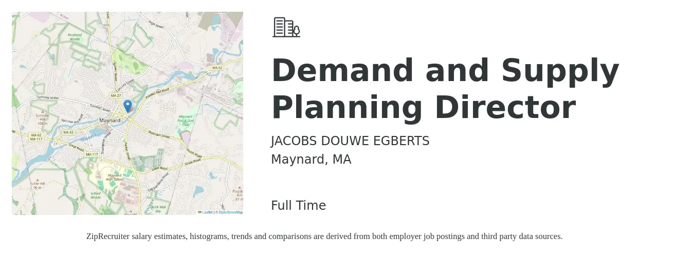 JACOBS DOUWE EGBERTS job posting for a Demand and Supply Planning Director in Maynard, MA with a salary of $193,000 to $218,500 Yearly with a map of Maynard location.