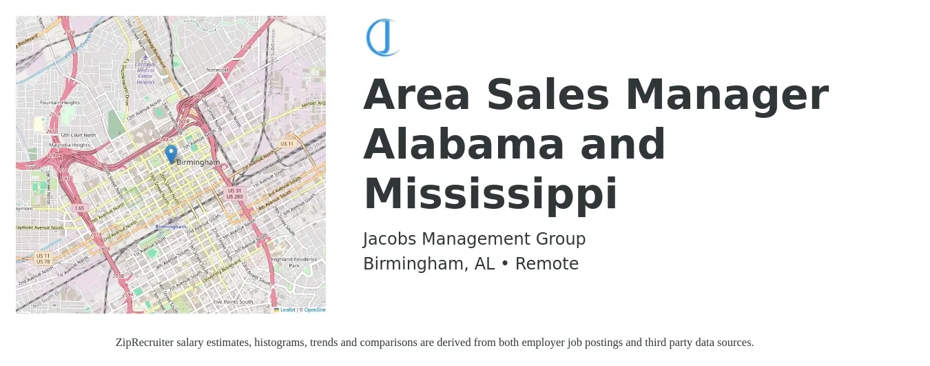 Jacobs Management Group job posting for a Area Sales Manager Alabama and Mississippi in Birmingham, AL with a salary of $67,500 to $105,400 Yearly with a map of Birmingham location.