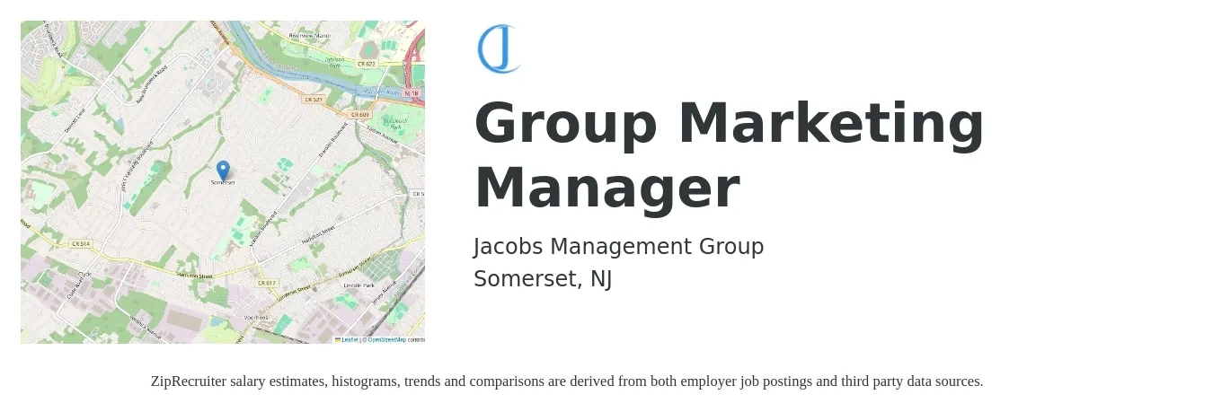 Jacobs Management Group job posting for a Group Marketing Manager in Somerset, NJ with a salary of $63,400 to $103,500 Yearly with a map of Somerset location.