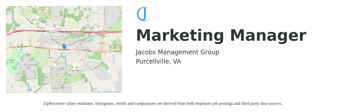 Jacobs Management Group job posting for a Marketing Manager in Purcellville, VA with a salary of $62,200 to $101,500 Yearly with a map of Purcellville location.