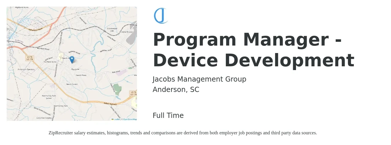 Jacobs Management Group job posting for a Program Manager - Device Development in Anderson, SC with a salary of $72,200 to $127,500 Yearly with a map of Anderson location.