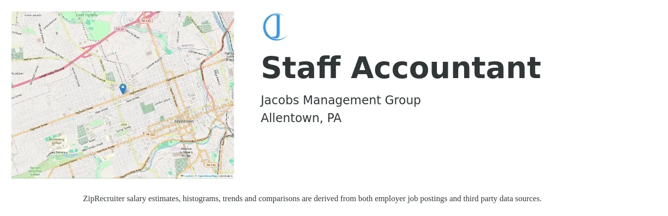 Jacobs Management Group job posting for a Staff Accountant in Allentown, PA with a salary of $54,300 to $71,500 Yearly with a map of Allentown location.