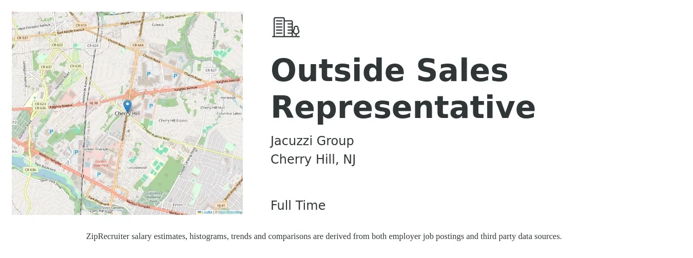 Jacuzzi Group job posting for a Outside Sales Representative in Cherry Hill, NJ with a salary of $14,400 Monthly with a map of Cherry Hill location.