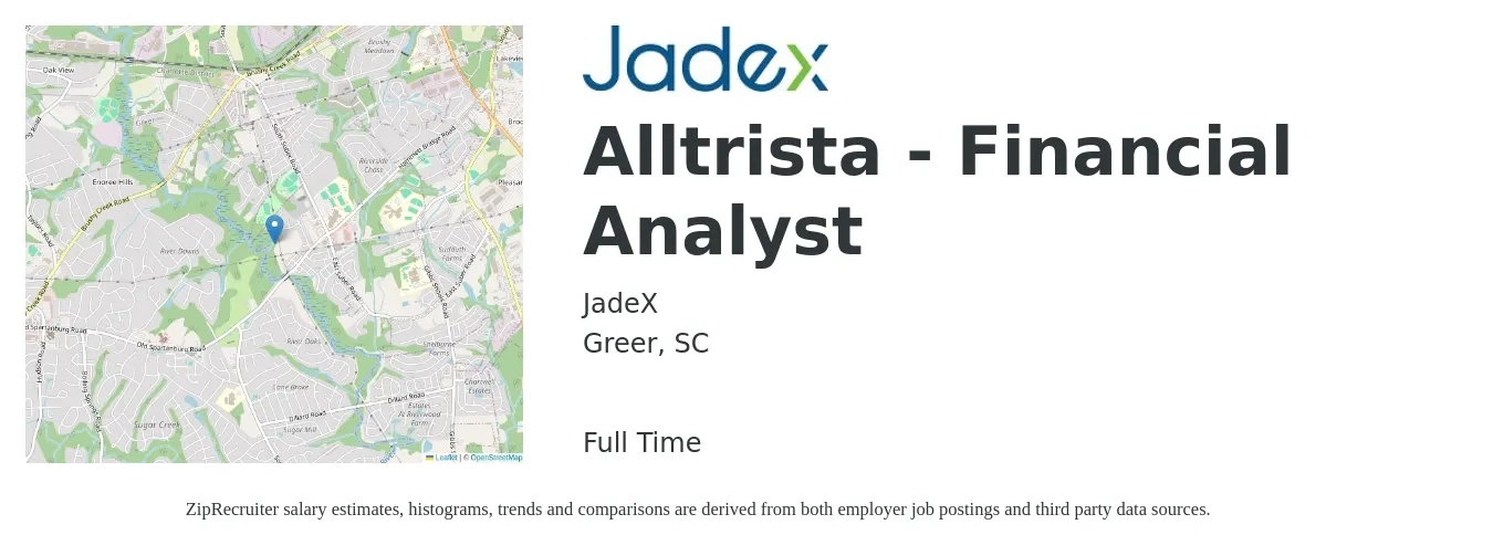 JadeX job posting for a Alltrista - Financial Analyst in Greer, SC with a salary of $67,300 to $106,200 Yearly with a map of Greer location.