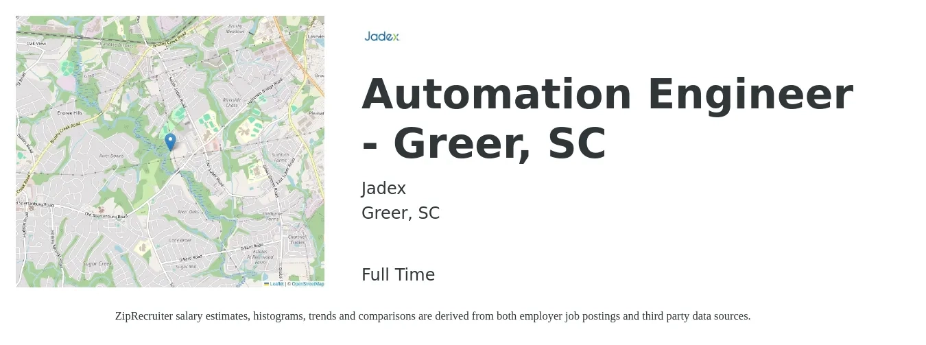 JadeX job posting for a Automation Engineer - Greer, SC in Greer, SC with a salary of $83,200 to $118,700 Yearly with a map of Greer location.