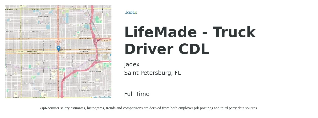 JadeX job posting for a LifeMade - Truck Driver CDL in Saint Petersburg, FL with a salary of $1,160 to $1,700 Weekly with a map of Saint Petersburg location.