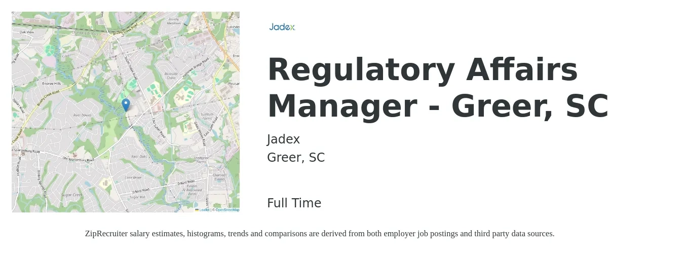 JadeX job posting for a Regulatory Affairs Manager - Greer, SC in Greer, SC with a salary of $42 to $66 Hourly with a map of Greer location.