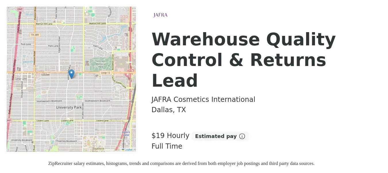 JAFRA Cosmetics International job posting for a Warehouse Quality Control & Returns Lead in Dallas, TX with a salary of $20 Hourly with a map of Dallas location.