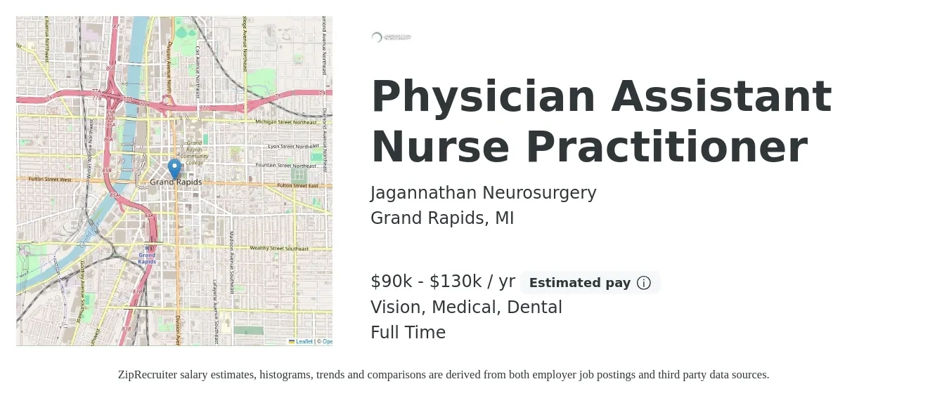 Jagannathan Neurosurgery job posting for a Physician Assistant Nurse Practitioner in Grand Rapids, MI with a salary of $90,000 to $130,000 Yearly and benefits including retirement, vision, dental, and medical with a map of Grand Rapids location.