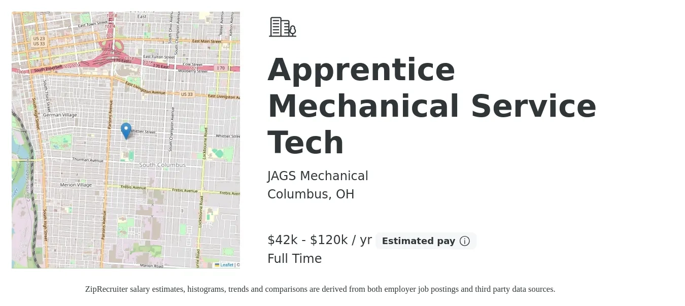 JAGS Mechanical job posting for a Apprentice Mechanical Service Tech in Columbus, OH with a salary of $42,000 to $120,000 Yearly with a map of Columbus location.