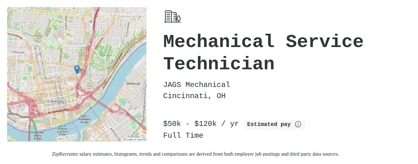 JAGS Mechanical job posting for a Mechanical Service Technician in Cincinnati, OH with a salary of $50,000 to $120,000 Annually and benefits including Medical, Vision, Dental, PTO, and Retirement with a map of Cincinnati location.