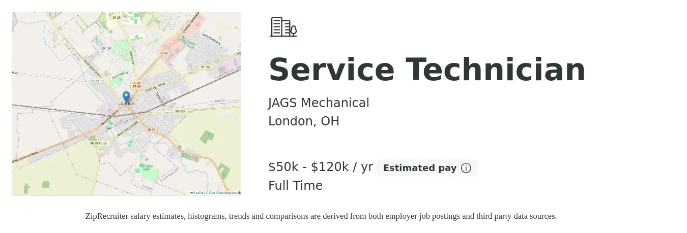 JAGS Mechanical job posting for a Service Technician in London, OH with a salary of $50,000 to $120,000 Yearly with a map of London location.