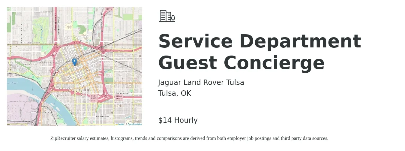 Jaguar Land Rover Tulsa job posting for a Service Department Guest Concierge in Tulsa, OK with a salary of $15 Hourly with a map of Tulsa location.